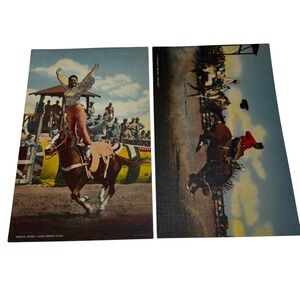 Vintage Giant‎ Linen Rodeo Postcards 11x7 Trick Riding & Bronc Busting Western